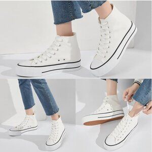 FRACORA Womens High Top Canvas White Black Platform Sneakers Lace Up Shoes